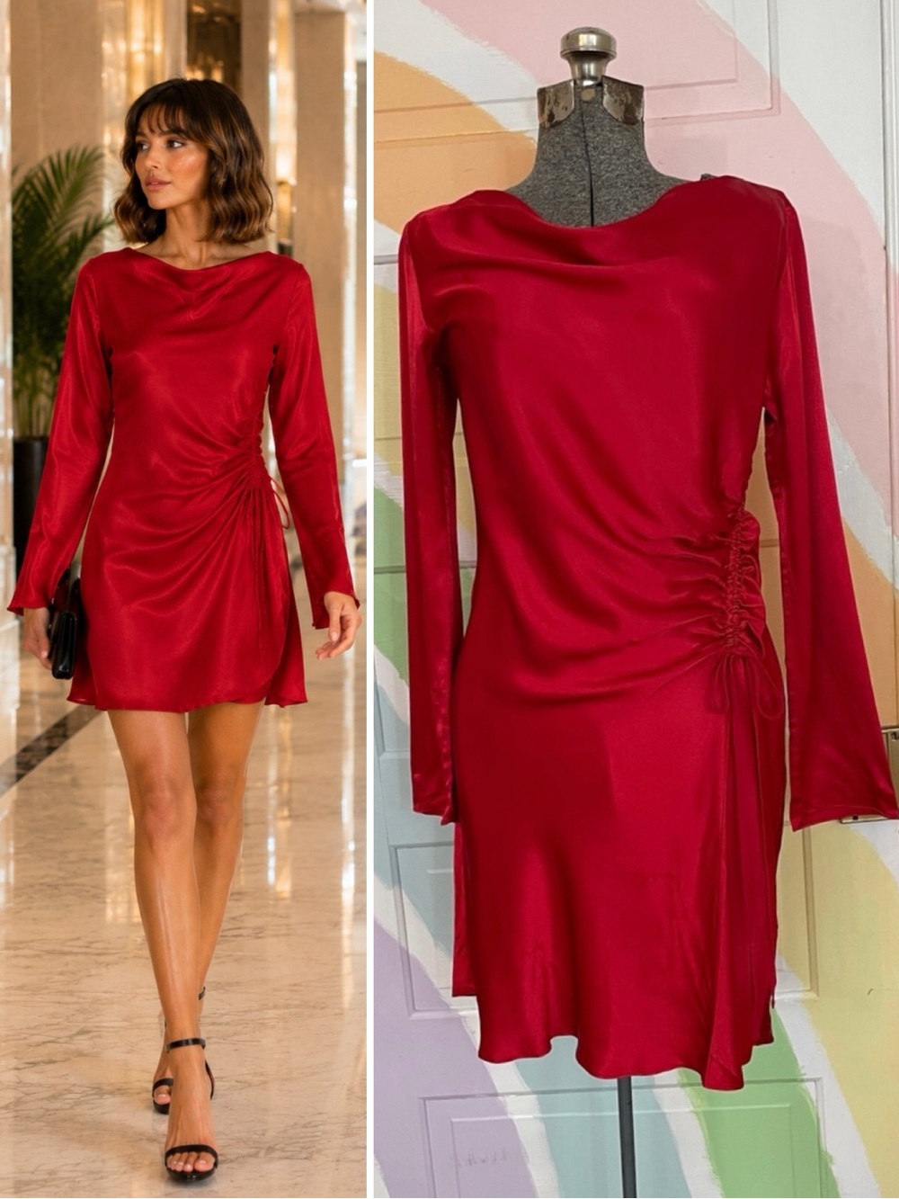 NWT Rails Alessandra Scarlet Red Satin Cowl Neck Ruched Mini Dress Sz M🧡🎀